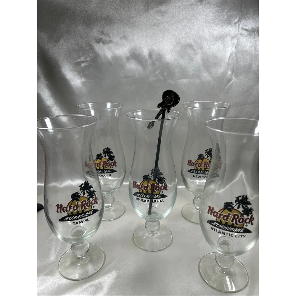 Lot of 5 Hard Rock Cafe Hurricane Glasses 4 Boxes Guitar Stirrer NY Philly AC